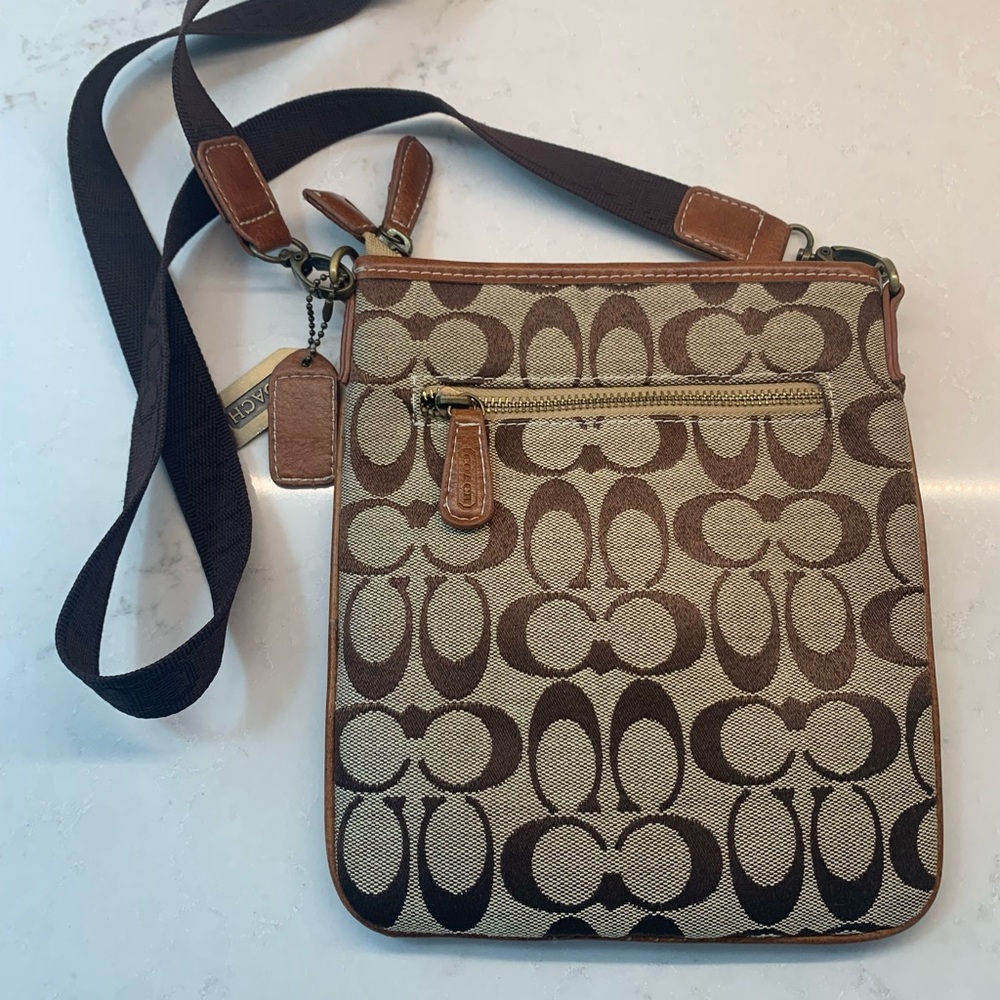 Coach Brown Logo Swingback Crossbody Bag Jacquard Leather - Picture 8 of 10